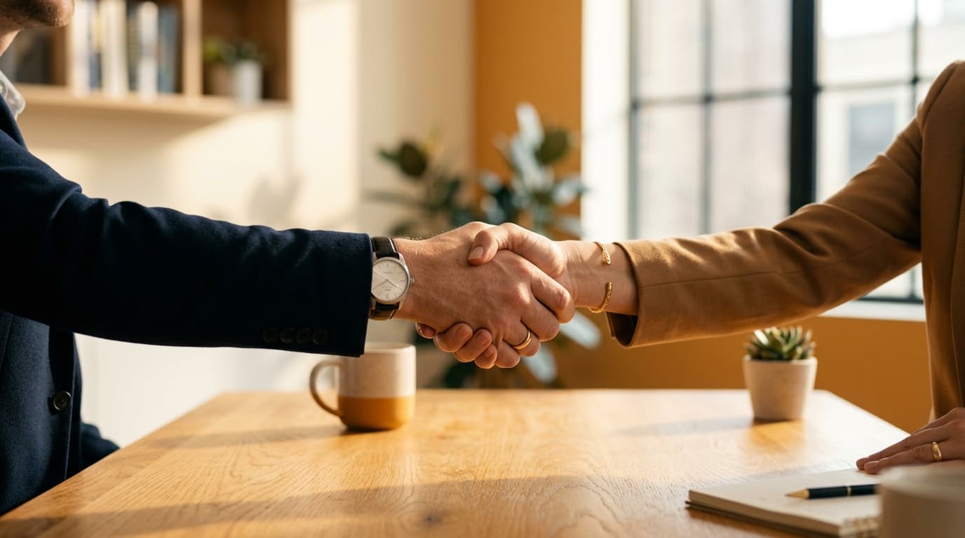 Two professional hands shaking across a sunlit wooden desk