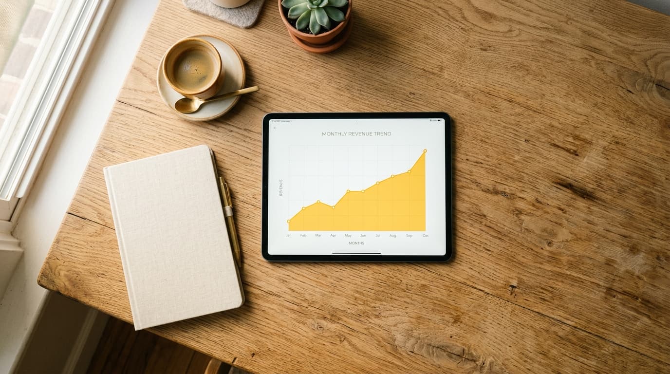 A tablet displaying a clean line chart resting on a sunlit wooden desk