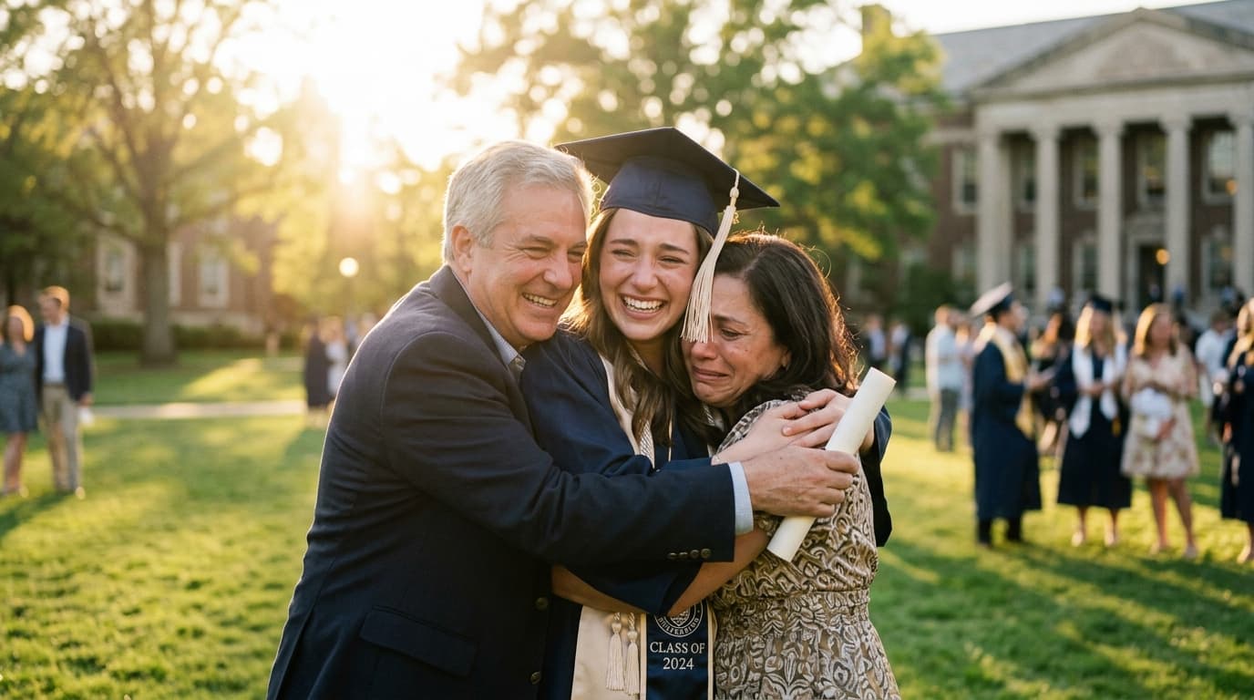 A graduating daughter hugging her parents on a sunlit university lawn