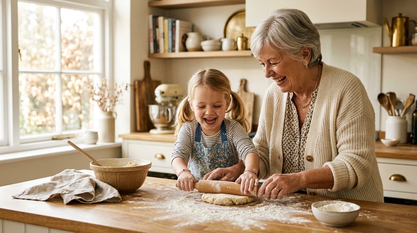 A grandmother in a warm cardigan baking with her granddaughter, both laughing