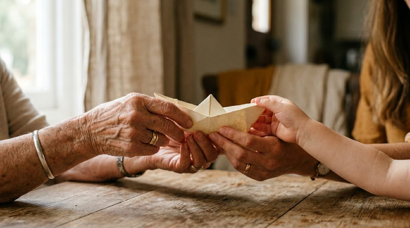 Three sets of hands across generations passing a folded paper boat