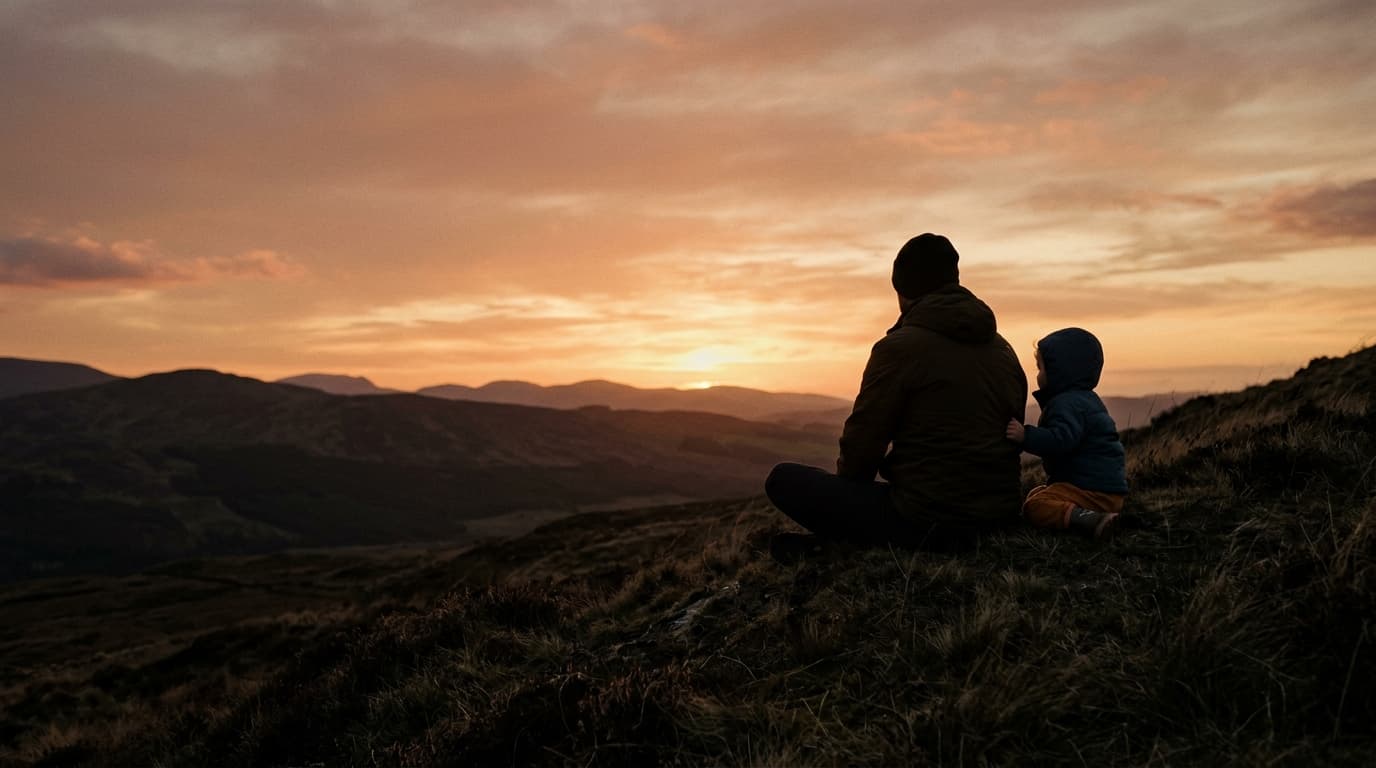 A father and small child sitting on a hillside watching the sunset together